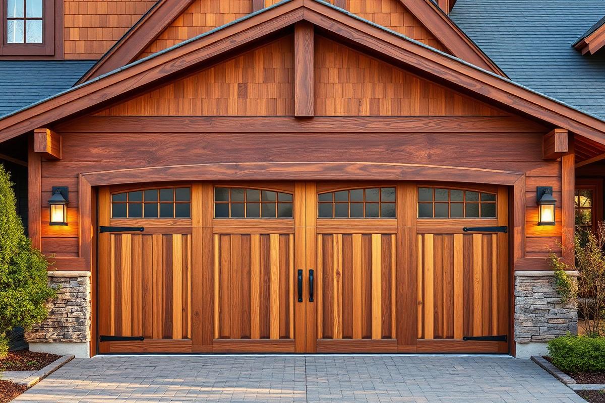 Beautiful wooden carriage-style garage door showcasing Roxbury Garage Doors craftsmanship